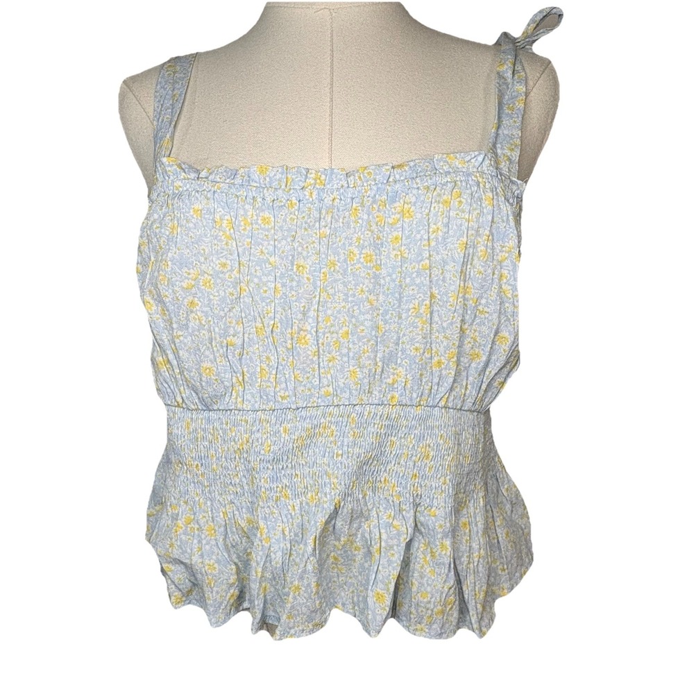 Anthropologie Elodie Floral Blue Top XL Womens Smocked Peplum Tie Bow Cottage